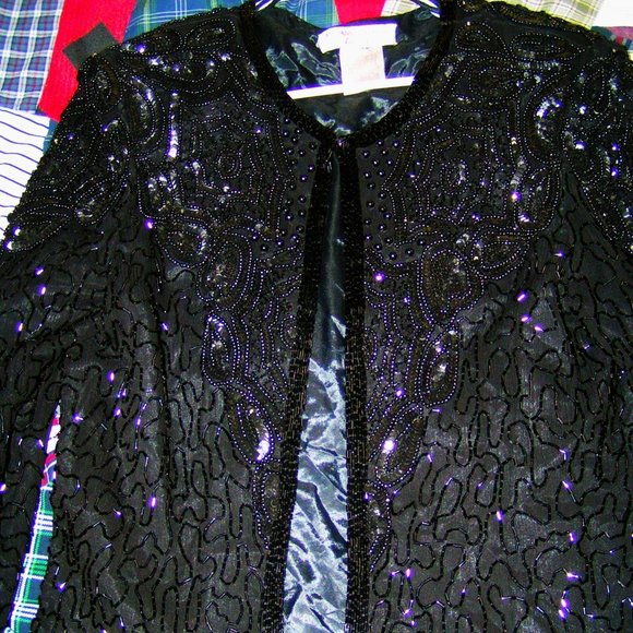 VINTAGE ADRIANNA PEPELL BLACK BEADED SILK EVENING JACKET S/M - Picture 3 of 5